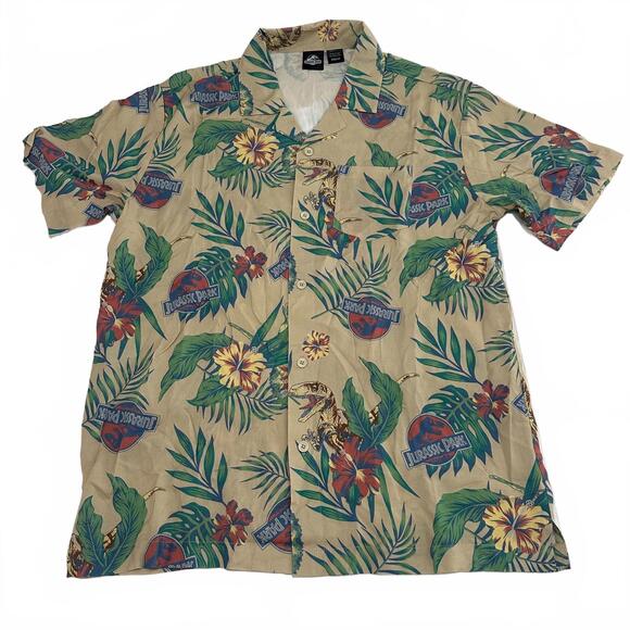 Jurassic Park World Hawaiian Button T-Shirt 90s Movie Dinosaur Tropical Medium M - Picture 1 of 5